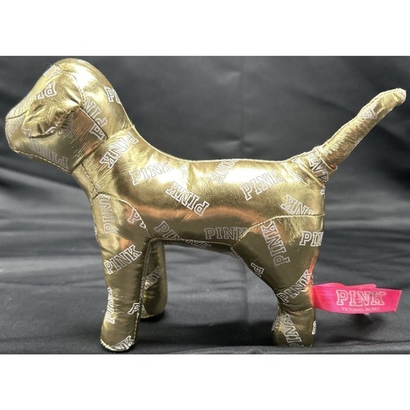 Victoria's Secret PINK Dog Plush Stuffed Animal Metallic Gold White Text 7” - Picture 5 of 6